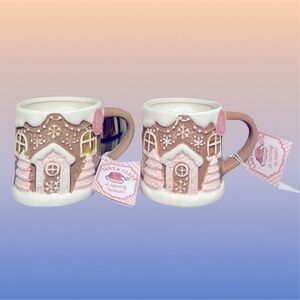 Set of 2 - NWT HTF Peppermint & Pine Pink Gingerbread
House hand painted Mugs